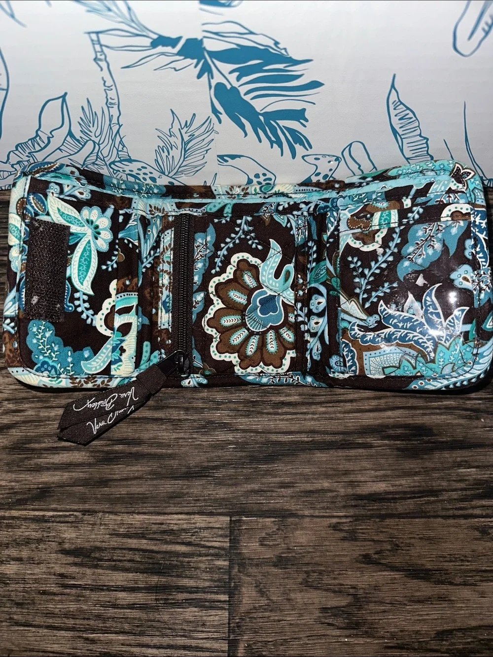 Vera Bradley Brown and Teal Quilted Floral Fold-Over Wallet - Picture 2 of 3